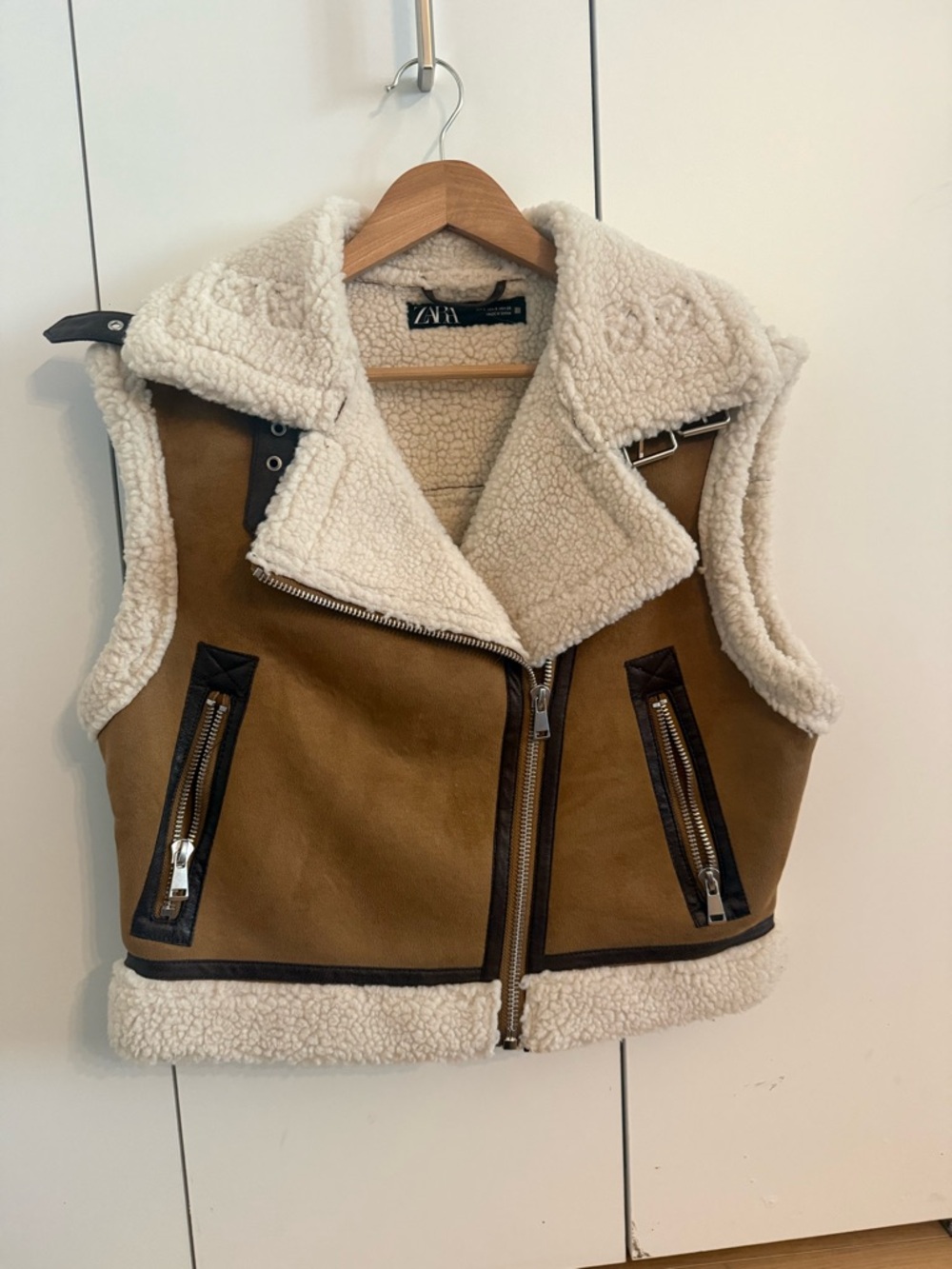 Zara Camel Suede-Look Faux Shearling Moto Vest